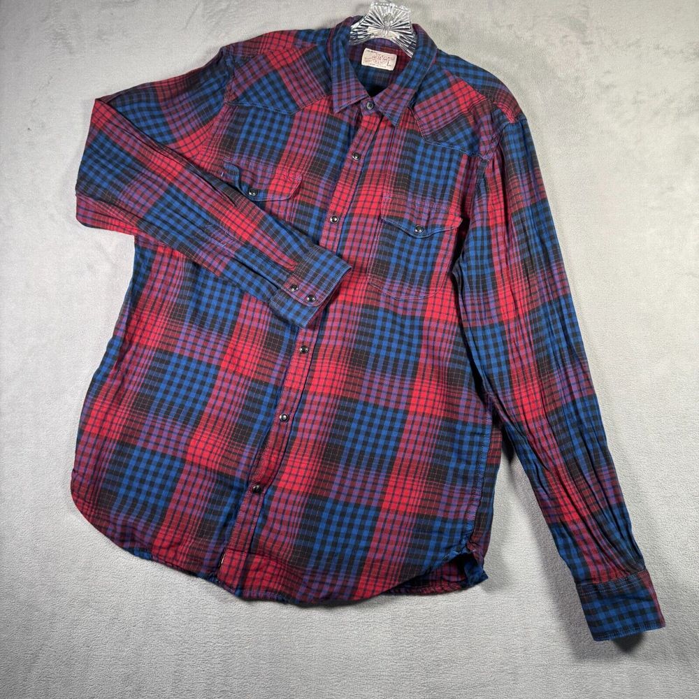 Lucky Brand Shirt Mens L Blue Red Plaid Flannel Pearl Snap Western Outdoor Cabin